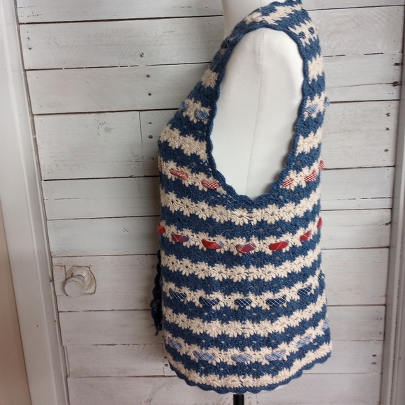 Vintage 1990s Y2K Crochet Vest Blue Cream Stripes Boho Hippie Retro - Picture 4 of 12